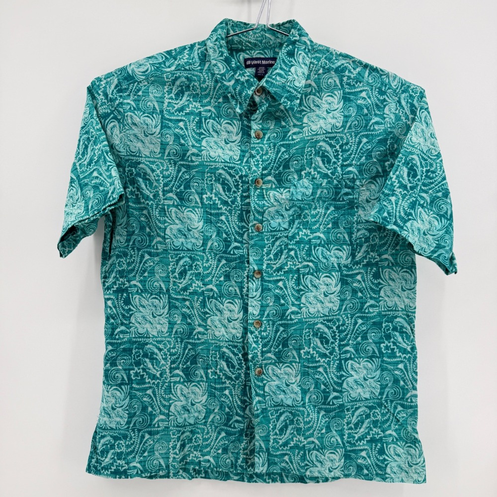 West Marine Button Front Shirt Mens L Teal Marlin Nautical Cotton Short Sleeve